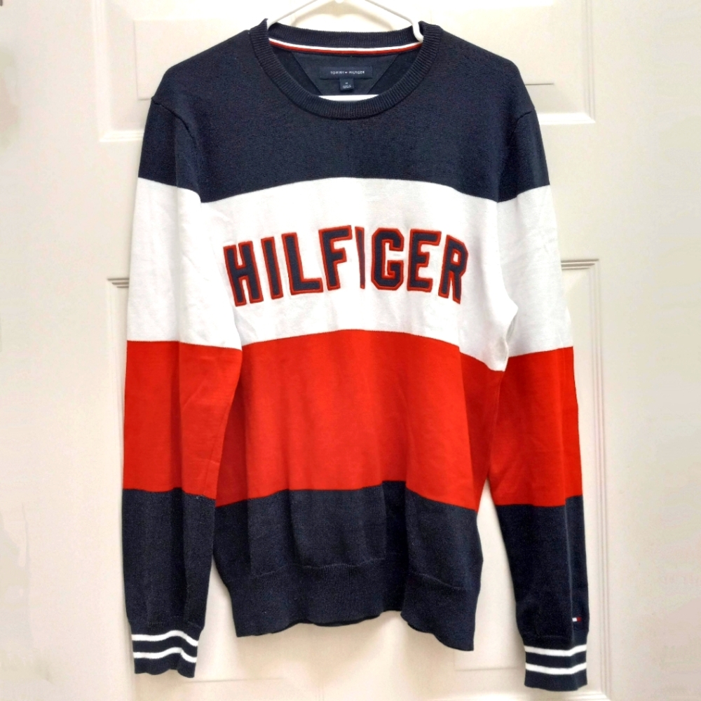 Tommy Hilfiger Crewneck Sweater Colorblock Spellout Embroidered Preppy Medium